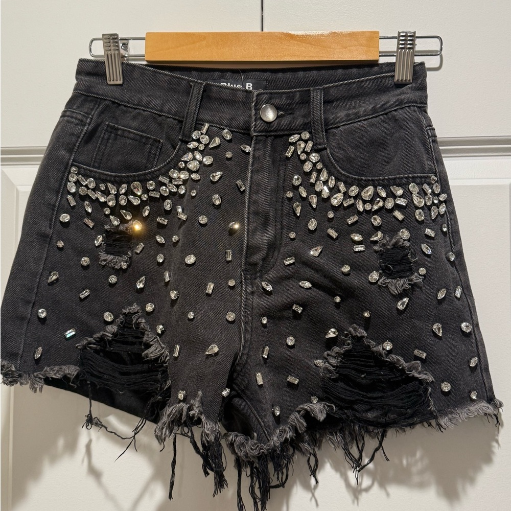 Rhinestone Embellished Black Denim Shorts